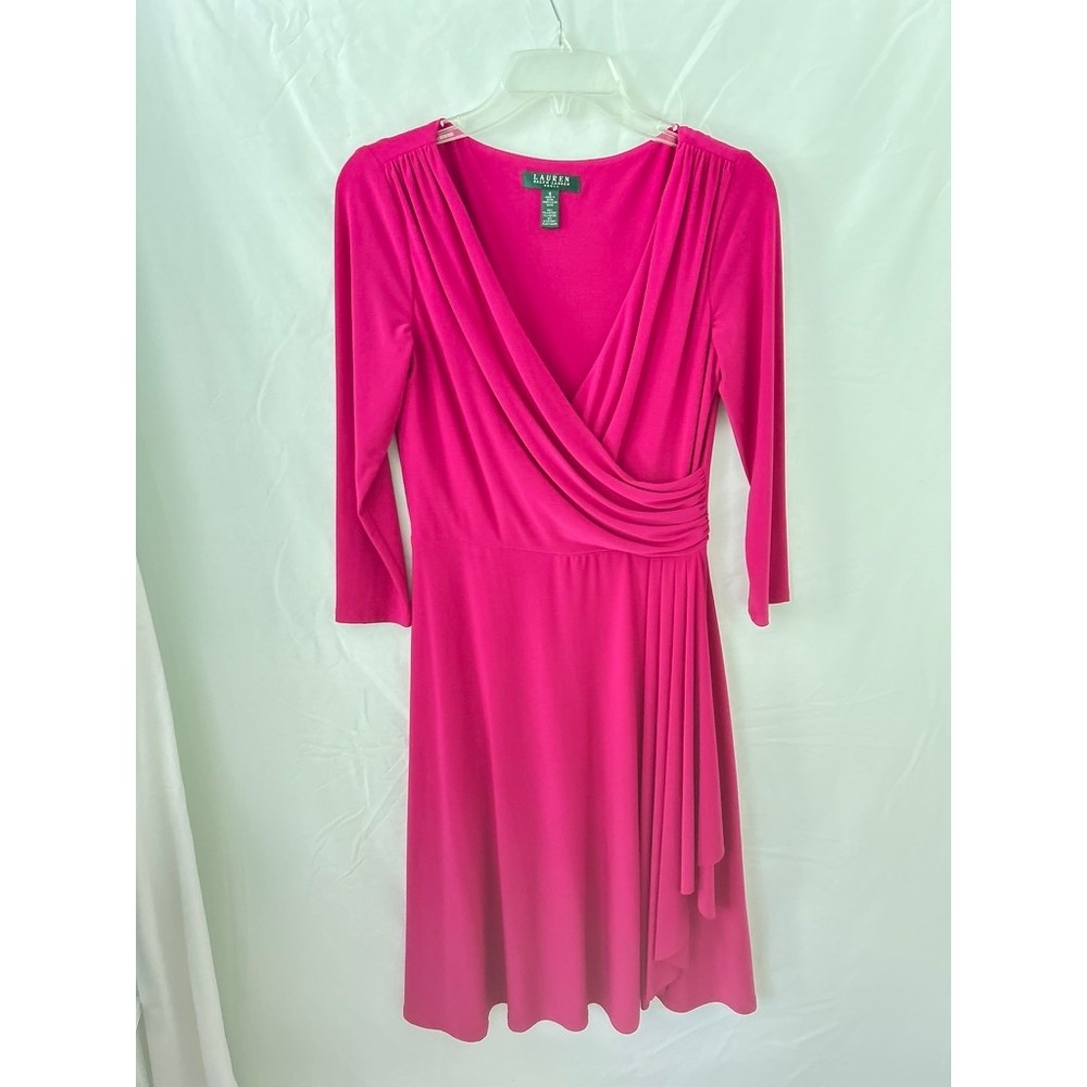 Lauren Ralph Lauren Fuchsia Pink Faux Wrap Dress 3/4 Sleeve Pleated V-Neck 6